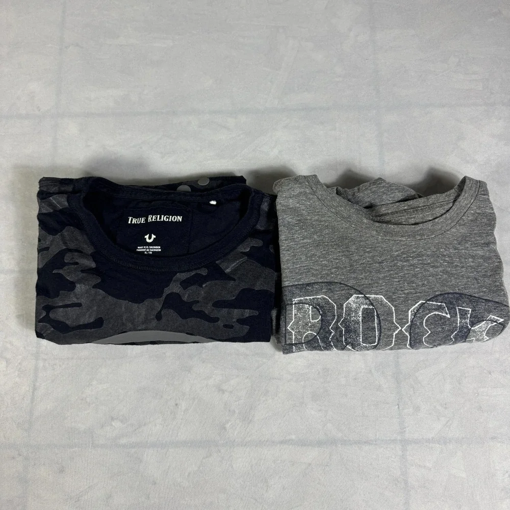 True Religion x Rock Revival Mens T-Shirt Gray Camo Buddha‎ Graphic XL Lot Of 2